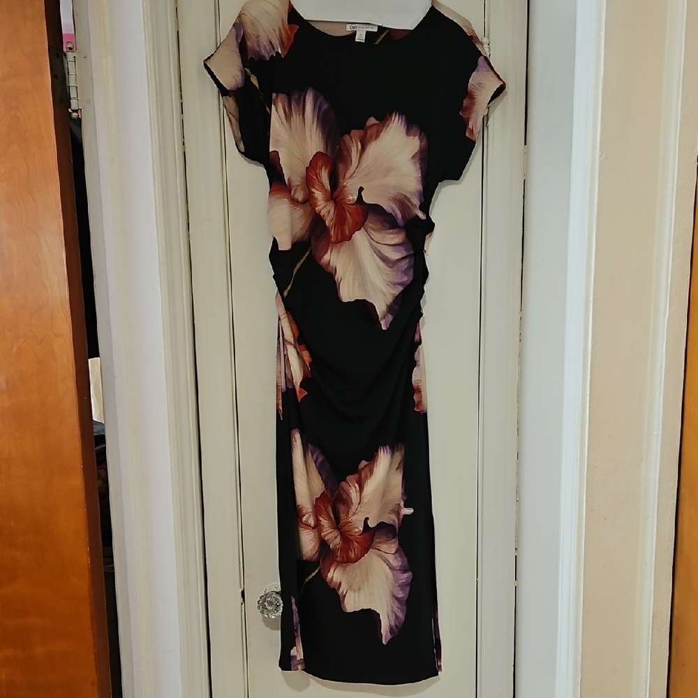 Black Floral Dress with Pink Floral Designs. Has An Nice Stretch.